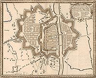 Elblg - Miasto na sztychu Erika Dahlbergha z dziea Samuela Pufendorfa 'De rebus a Carolo Gustavo gestis', podzamcze oznaczone liter F, 1656 rok