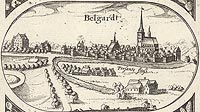 Biaogard - Panorama miasta z widokiem zamku. Rysunek na mapie Eilharda Lubinusa z 1618 roku
