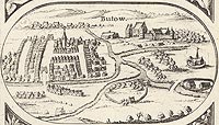 Bytw - Panorama miasta z widokiem zamku. Rysunek na mapie Eilharda Lubinusa z 1618 roku