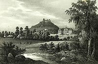 Grodziec - Ruiny zamku i paac w Grodcu na litografii Heinricha Wilhelma Teichgrber z 1842 roku