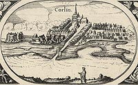 Karlino - Panorama miasta z widokiem zamku. Rysunek na mapie Eilharda Lubinusa z 1618 roku