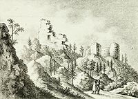 Karpno - Ruiny zamku na litografii z 1824 roku