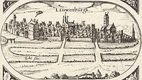 Lbork - Panorama miasta z widokiem zamku. Rysunek na mapie Eilharda Lubinusa z 1618 roku