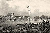 Opole - Ostrwek - Miasto i zamek po prawej stronie na litografii Eduarda Pietzscha, Borussia 1842