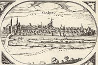 Supsk - Panorama miasta z widokiem zamku. Rysunek na mapie Eilharda Lubinusa z 1618 roku