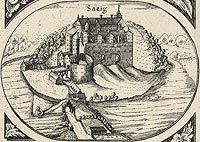Szadzko - Zamek w Szadzku. Rysunek na mapie Eilharda Lubinusa z 1618 roku