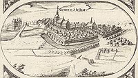 Szczecinek - Panorama miasta z widokiem zamku. Rysunek na mapie Eilharda Lubinusa z 1618 roku